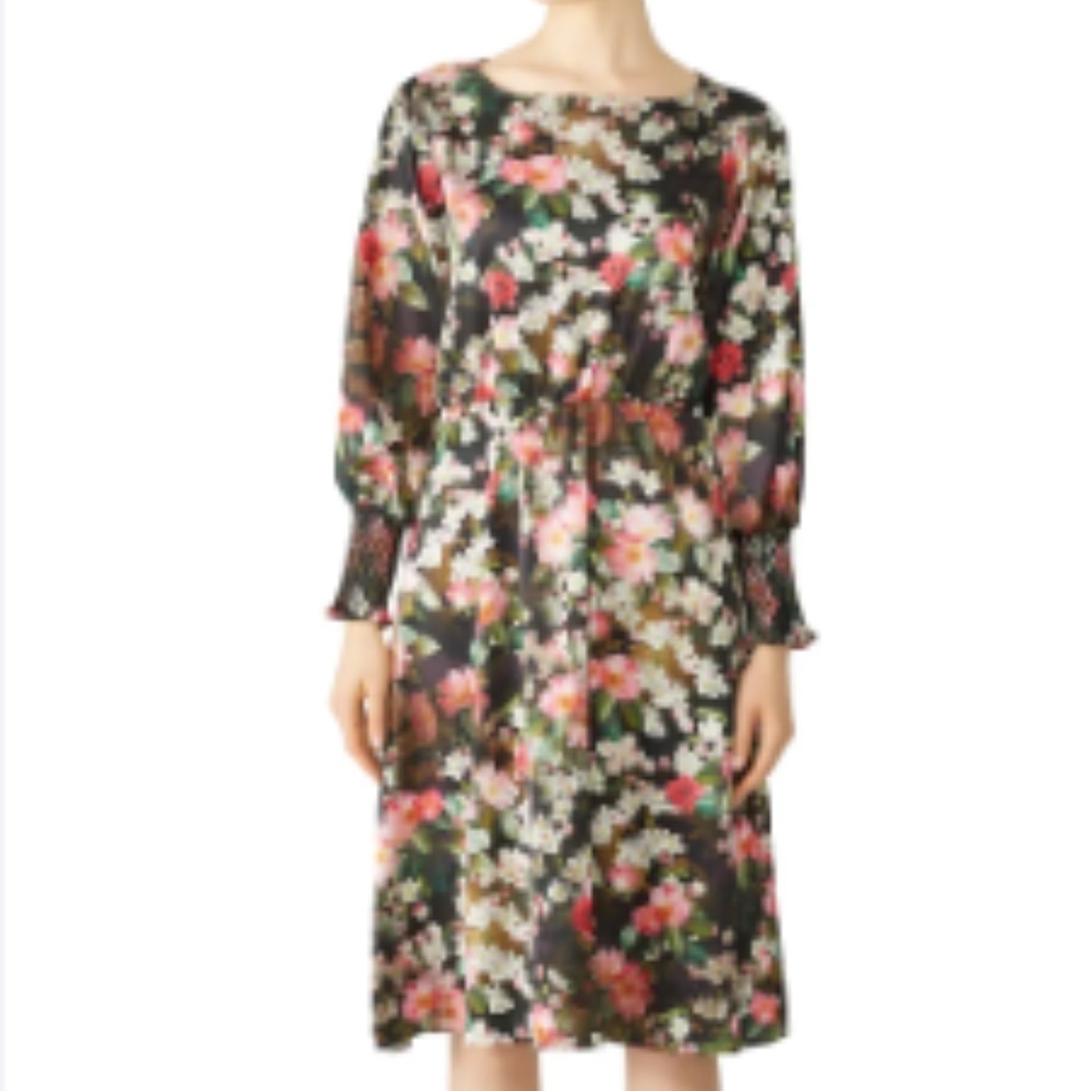 Jay Godfrey Silky Floral Bloomcore Long Balloon Smocked Sleeve Midi Dress Size 6